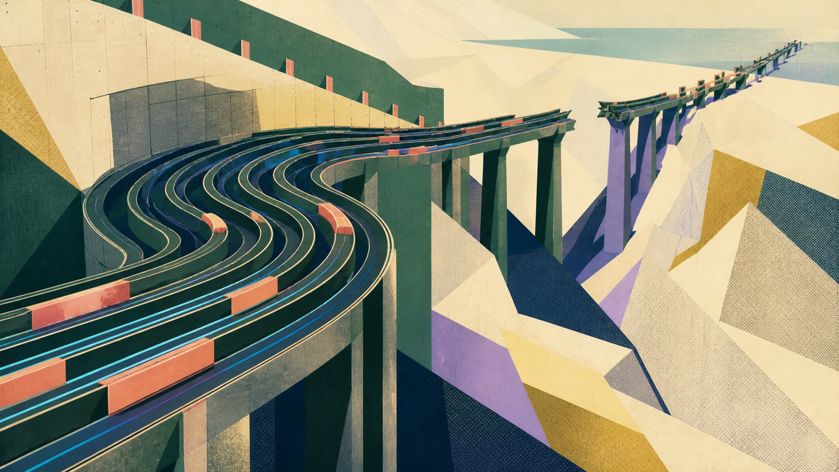 Compressed lanes curve toward a broken elevated span across a geometric financial landscape.