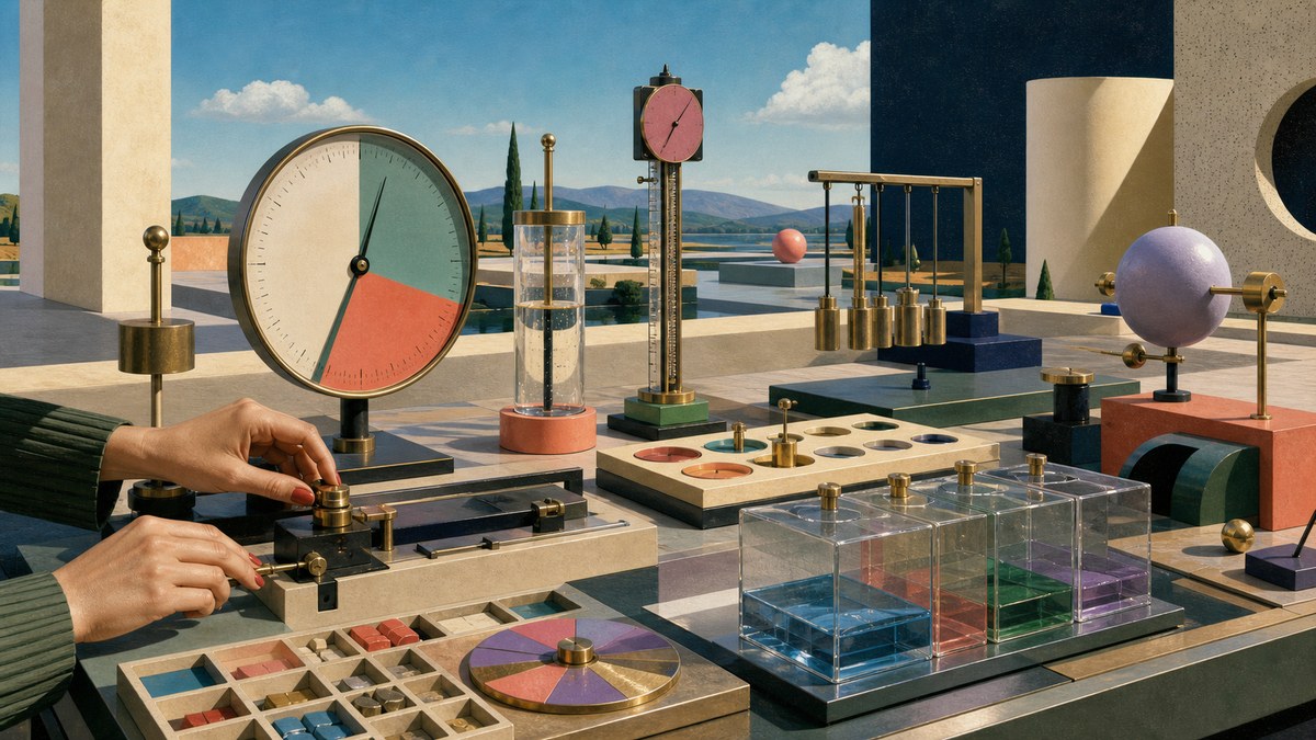 Hands adjust colorful analog gauges and transparent reservoirs on a monumental outdoor decision workbench.