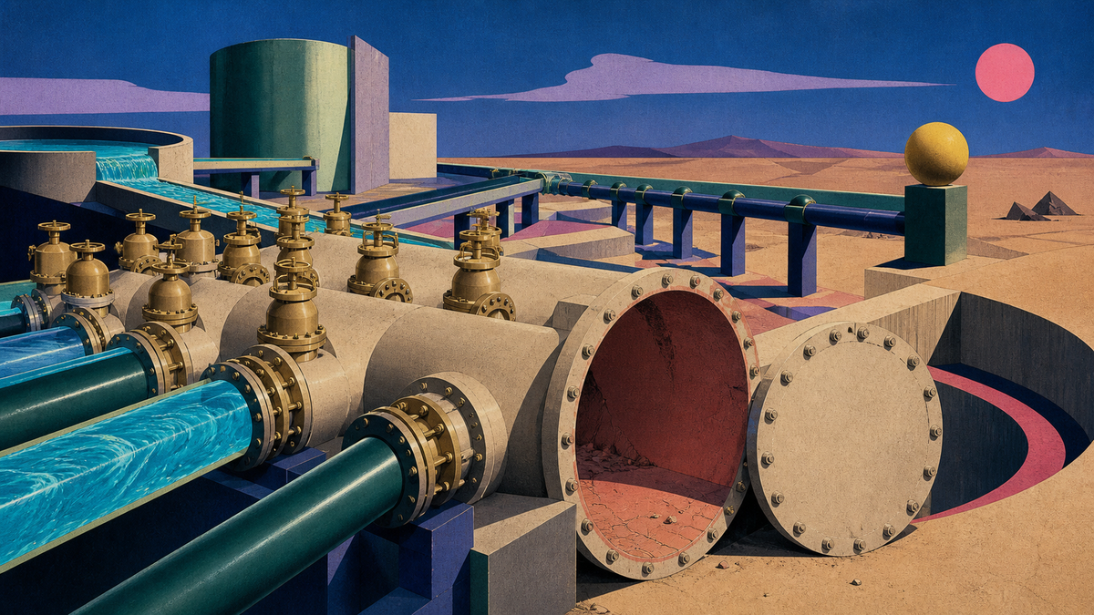 A bright hydraulic system flows through several conduits while one large chamber stands isolated and dry.