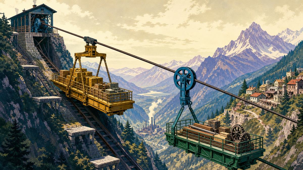 Two counterweighted freight platforms move in opposite directions across a dramatic mountain railway.