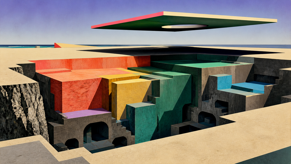 A colorful cutaway landscape exposes solid asset blocks, dark liability voids, and an offset market platform above.