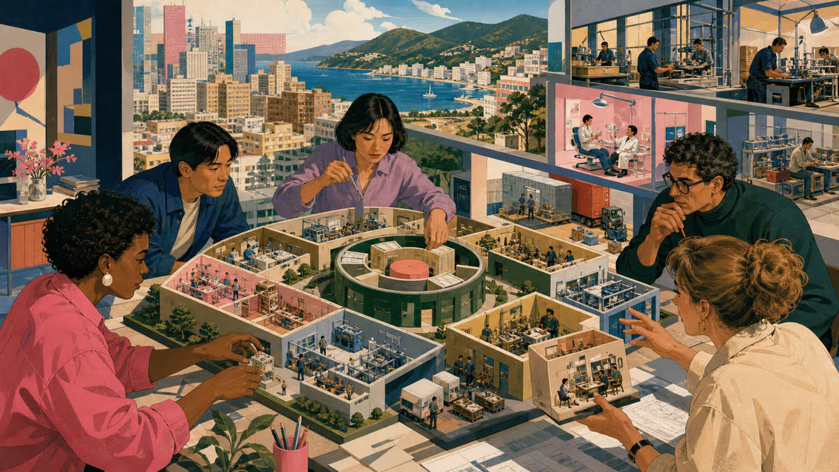 Five adult learners study and rearrange a detailed model of factories, clinics, logistics facilities and technology businesses in a bright studio overlooking a coastal city.