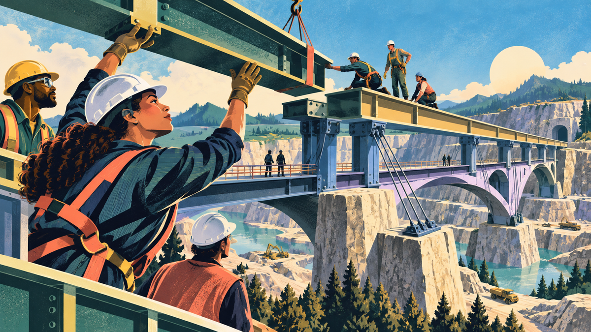 A diverse construction crew assembles layered steel bridge spans across a monumental quarry landscape.