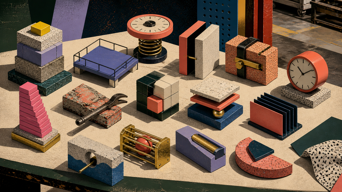 Fifteen colorful mechanical and architectural objects representing pressure, priority, timing, security and recovery are arranged on an industrial worktable.