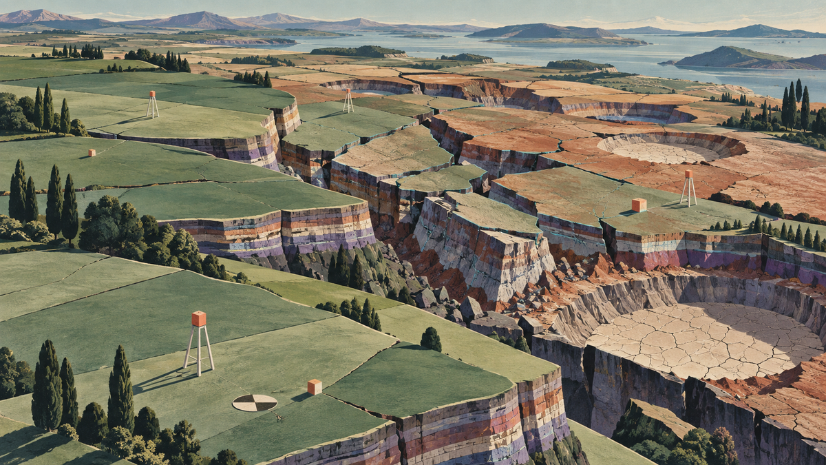 Aerial view of layered green and terracotta terrain breaking into fractured terraces and dry basins beneath survey markers.