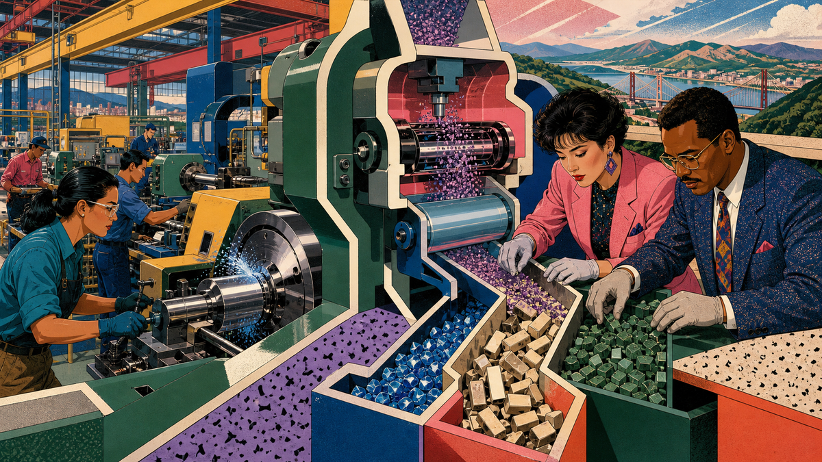 Factory workers and two analysts operate a colorful cutaway machine that separates manufactured output into distinct material channels, with a bridge and mountains beyond.