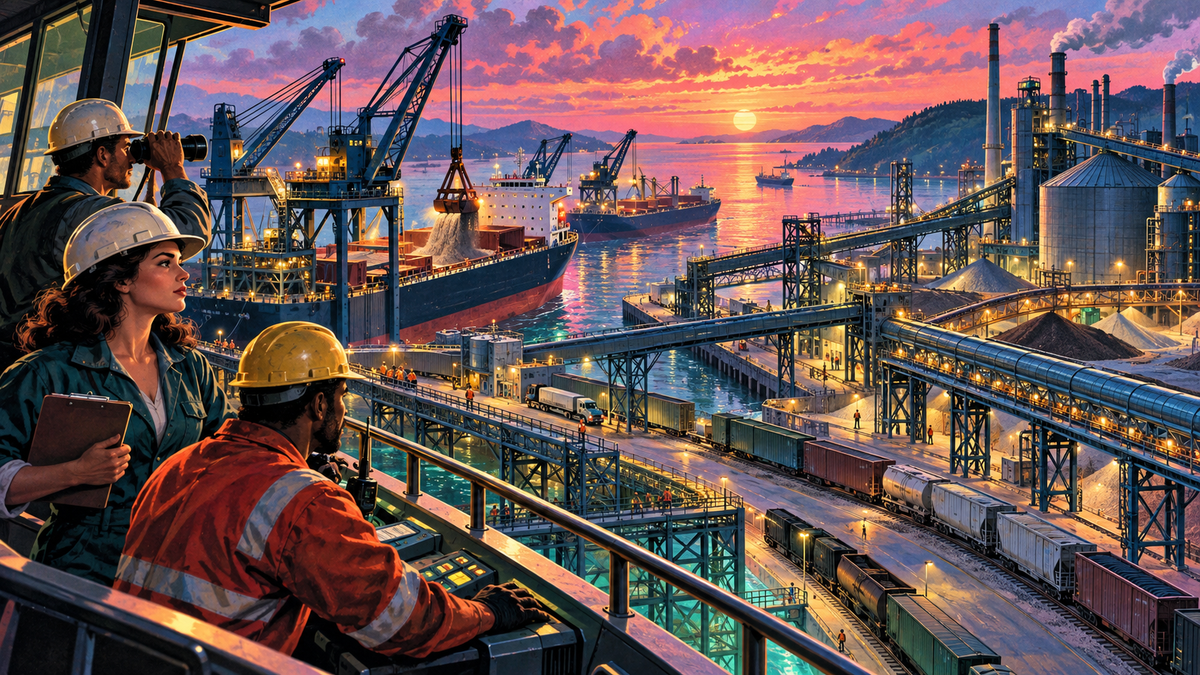 A diverse harbor crew coordinates ships, cranes, rail lines and conduits across a brightly lit industrial port at sunset.