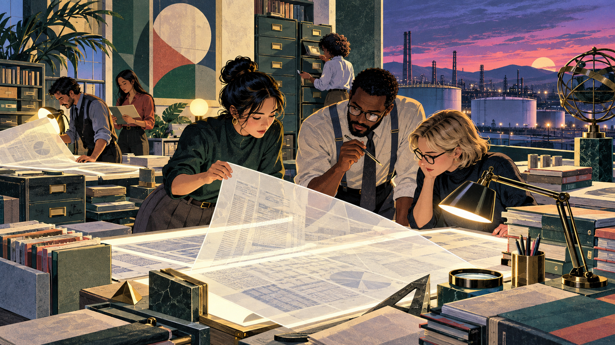 A diverse research team examines layered financial records in a bright postmodern archive overlooking an industrial landscape.
