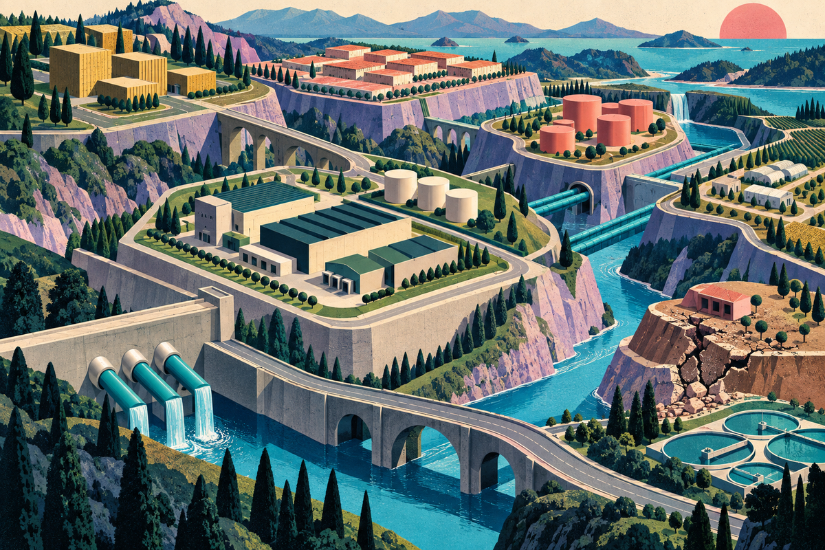 A bright postmodern credit landscape divides factories, reservoirs and transport links across engineered terraces, with one small fractured parcel revealing concentrated risk.