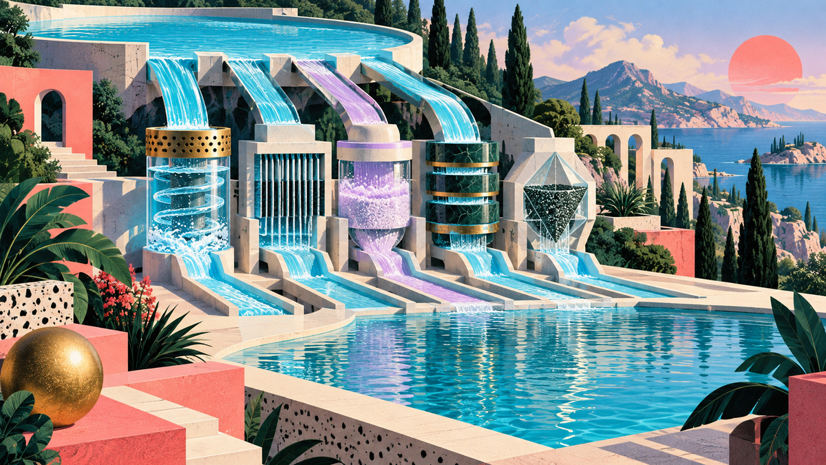A colorful elevated reservoir feeds five distinct geometric filtering chambers and a calm reflecting pool.