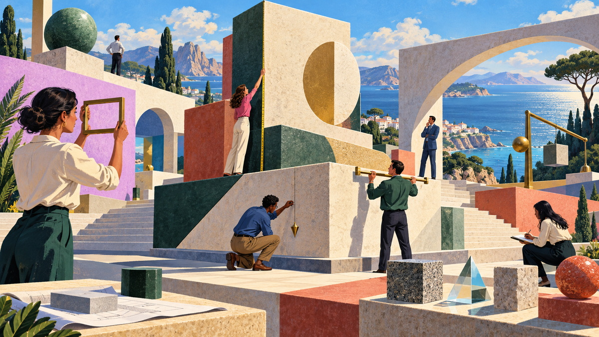 A diverse team measures monumental postmodern structures in a bright coastal appraisal hall.