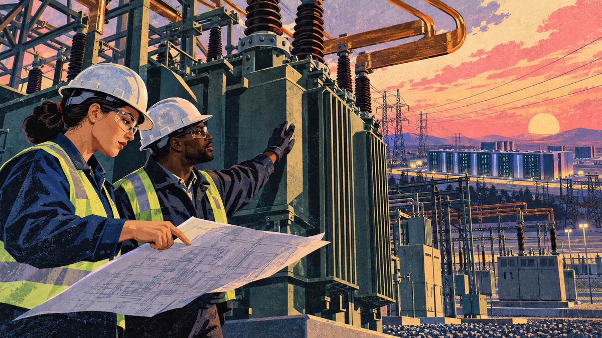Illustrated utility engineers inspect a monumental electrical transformer as power lines feed an AI data-center campus at dusk.