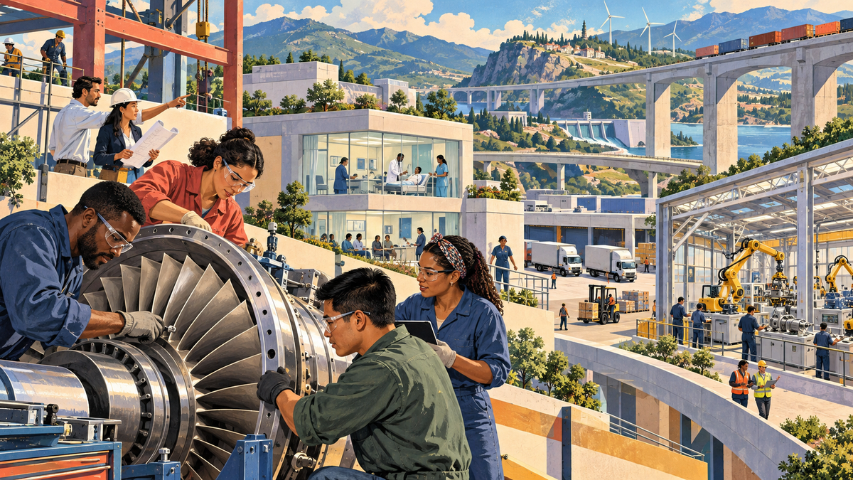 A diverse team builds industrial machinery amid a bright landscape of factories, healthcare facilities, logistics infrastructure, and energy systems.