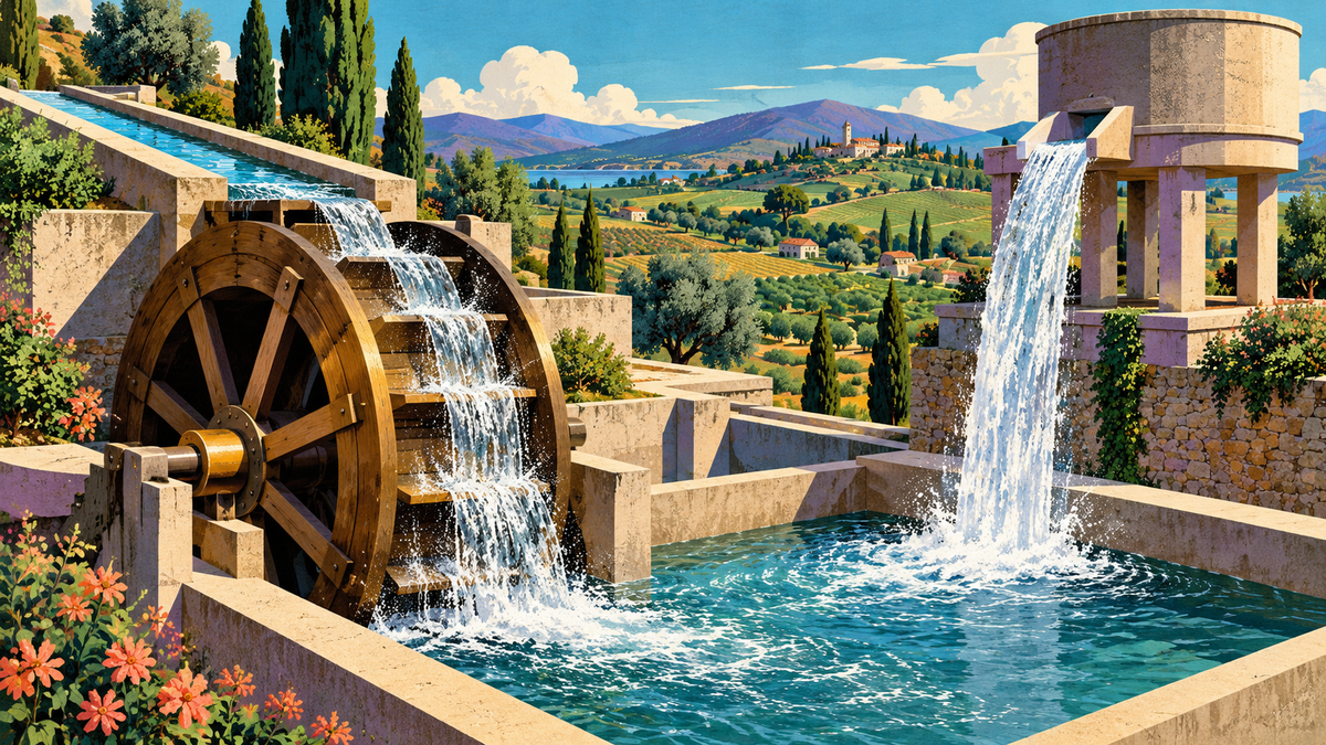 A steady channel and a separate elevated reservoir feed a rural watermill basin, illustrating ongoing income and finite accumulated reserves.