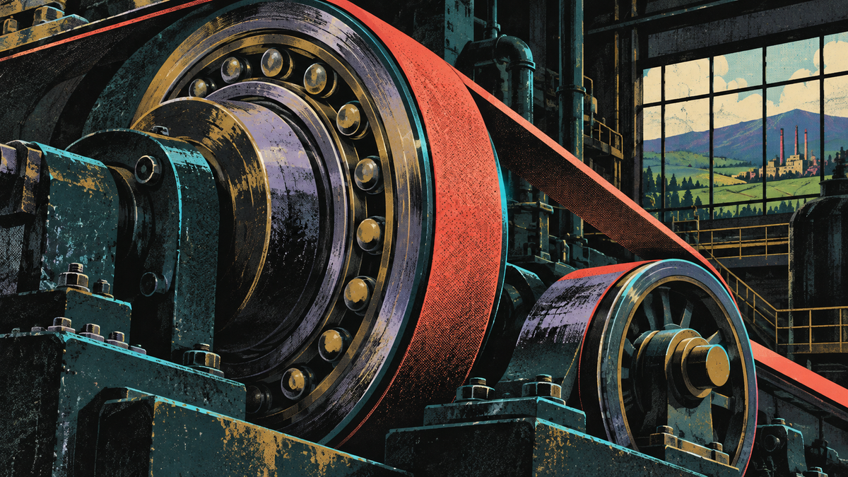 A coral industrial belt connects large precision bearings in a dark factory, with green countryside visible beyond the window.
