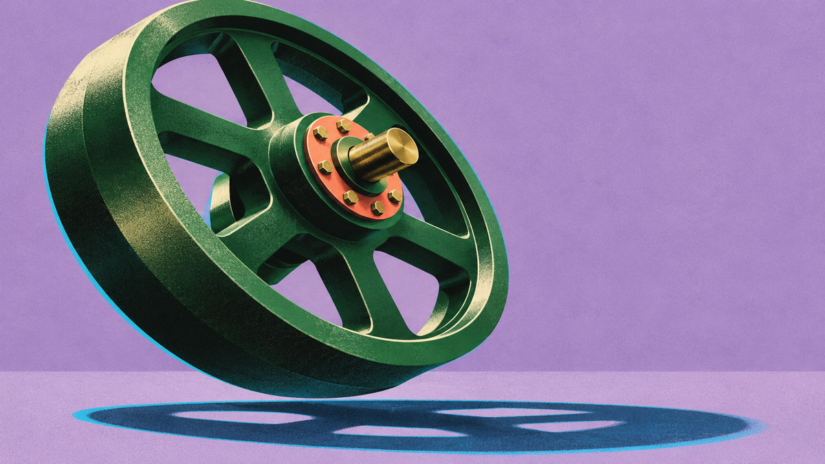 A precision-machined industrial component sits above its sharply defined shadow in a bold editorial still life.