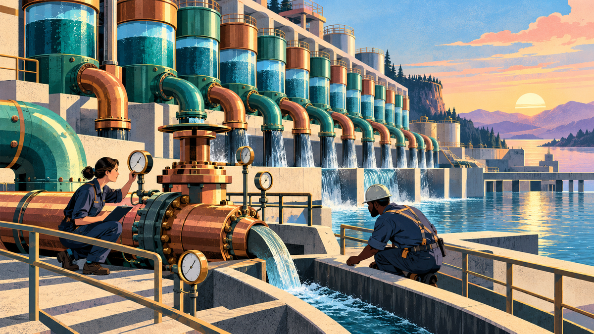 Engineers recalibrate a monumental water-flow system with twelve copper and teal conduits.