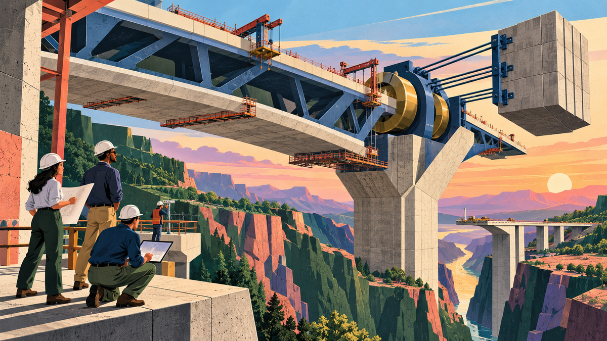 Engineers inspect the load-bearing structure of a monumental bridge spanning a geometric canyon.