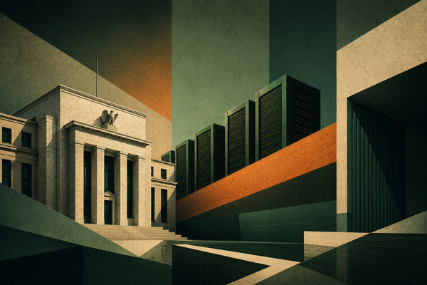 AI data center financing, Federal Reserve policy, and private credit demand illustrated through abstract institutional architecture.