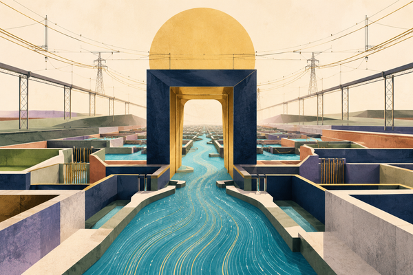 Editorial illustration of asset-backed AI infrastructure visualized as an abstract architectural landscape. 