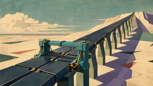 A monumental causeway climbs toward a high plateau while a teal maintenance gantry braces its stressed joints, representing liquidity support that cannot remove high-rate pressure.