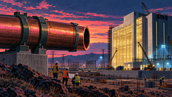Construction workers inspect an unfinished power connection beside a monumental data center in a vivid high-desert dusk landscape.