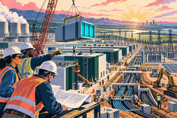 Illustrated engineers and construction crews building a vast AI data-center campus, power grid and cooling infrastructure across an American landscape.