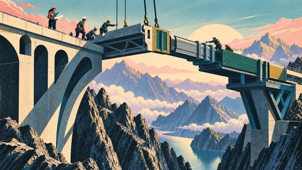 A diverse team of builders joins a permanent bridge span to an adjustable span across a bright mountain landscape.