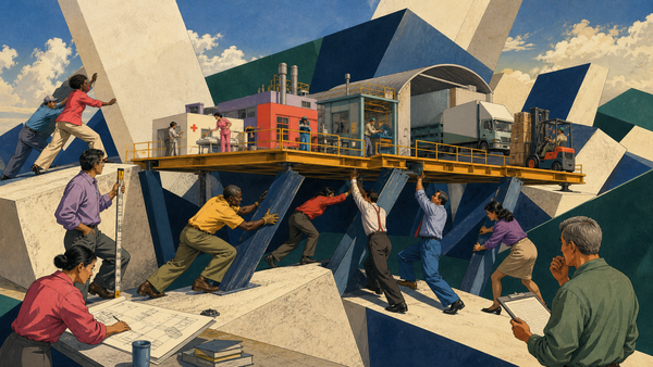 A diverse group of workers and analysts braces an industrial platform holding a clinic, factory, technology workshop and logistics depot as monumental geometric terrain tilts around them.