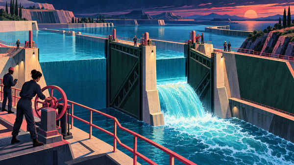 Engineers operate a monumental canal lock that releases a measured stream from a vast private-capital reservoir at dusk.