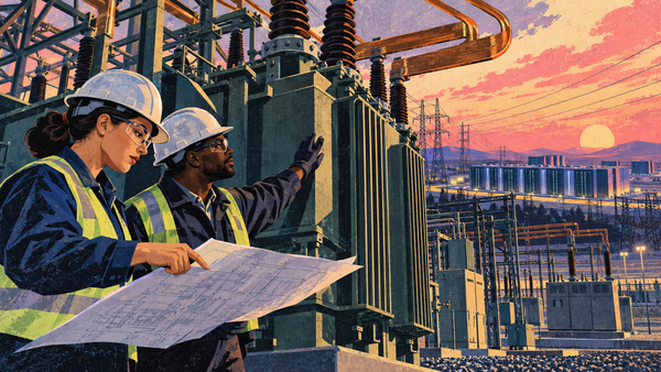 Illustrated utility engineers inspect a monumental electrical transformer as power lines feed an AI data-center campus at dusk.