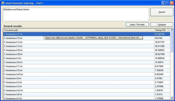 Simple search query w.r.t. contents in the sample. Show the matching documents. Rank approximation: 35% of collection