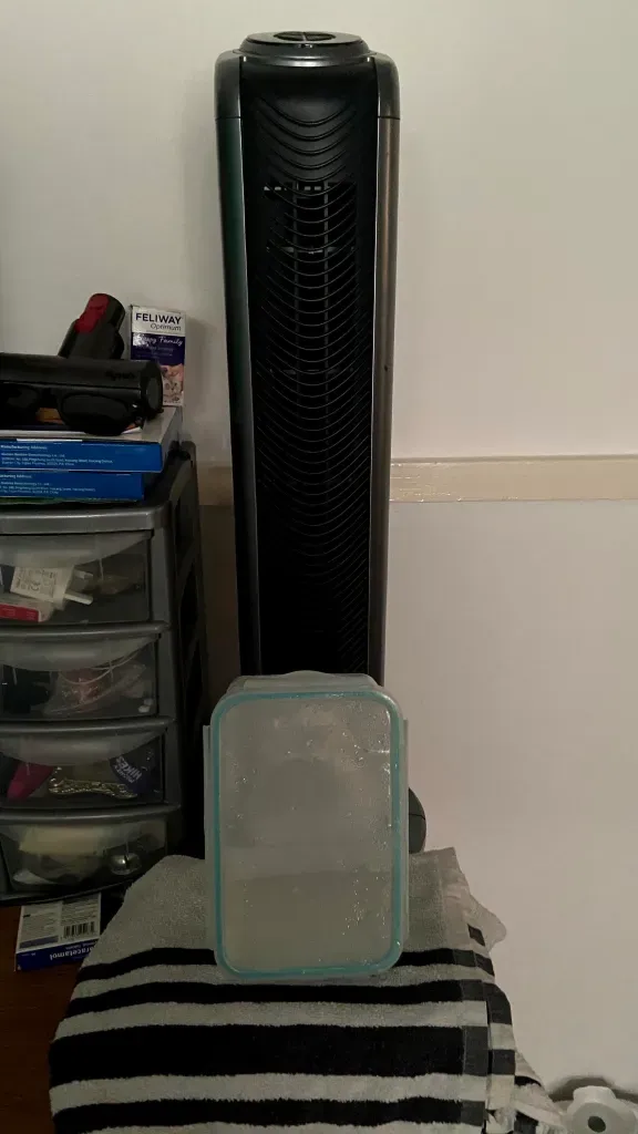 This is a picture of my block of ice in front of my tower fan. 5 tips for staying cool during a heatwave
