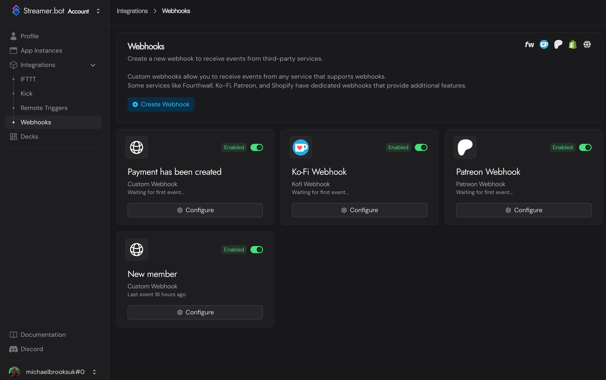A screenshot of my Streamer Webhooks page. Here, you can setup custom Webhooks, integrate into Ko-Fi and Patreon for more alert features.