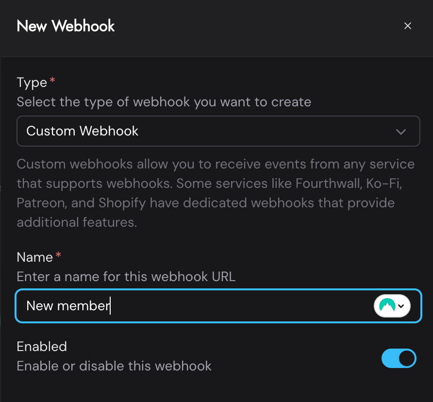 A screenshot of the New Webhook modal in Streamerbot