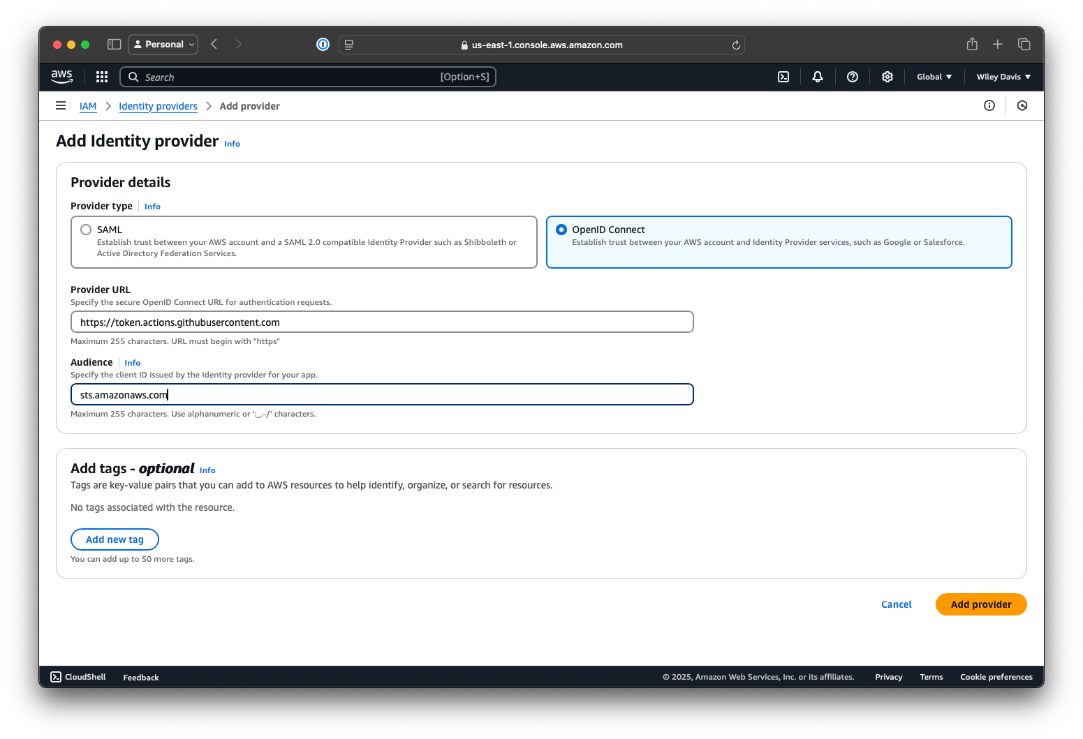 Screenshot of the AWS IAM Add Identity Provider page