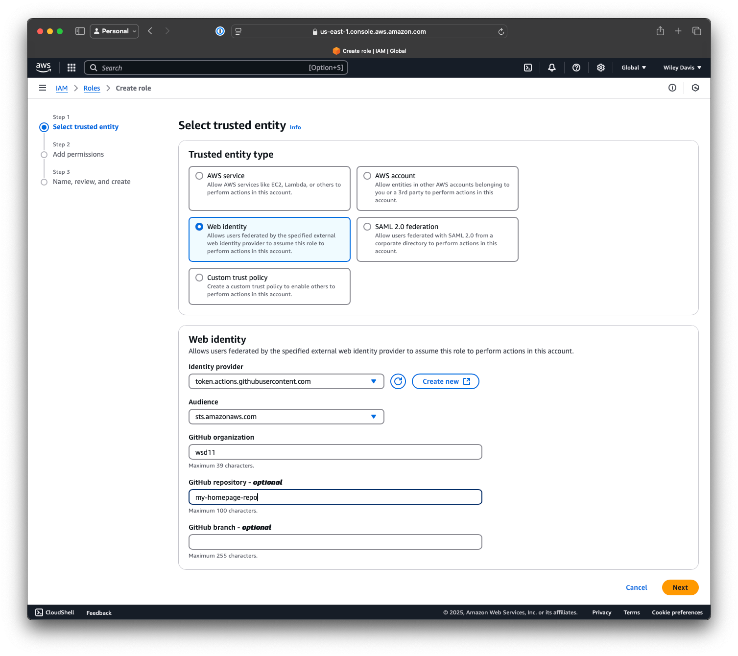 Screenshot of the AWS GitHub trusted entity workflow