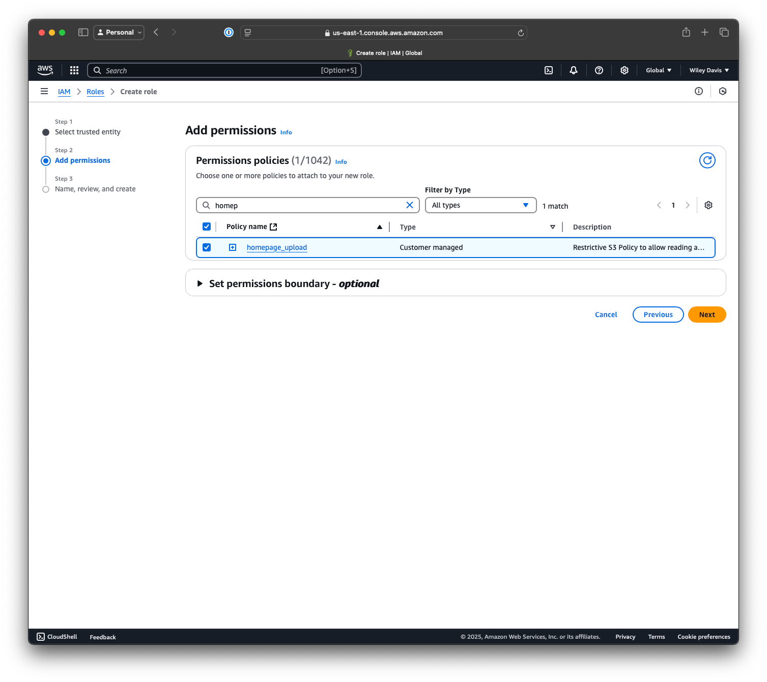 Screenshot of the AWS Add permissions to role page