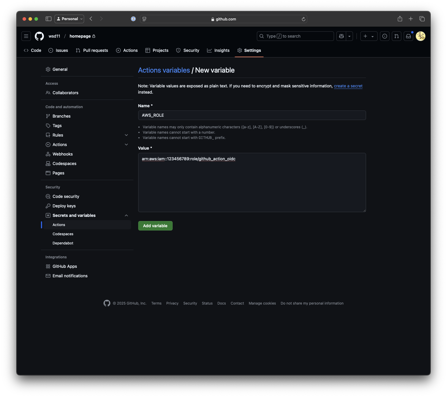 Screenshot of GitHub variable creation