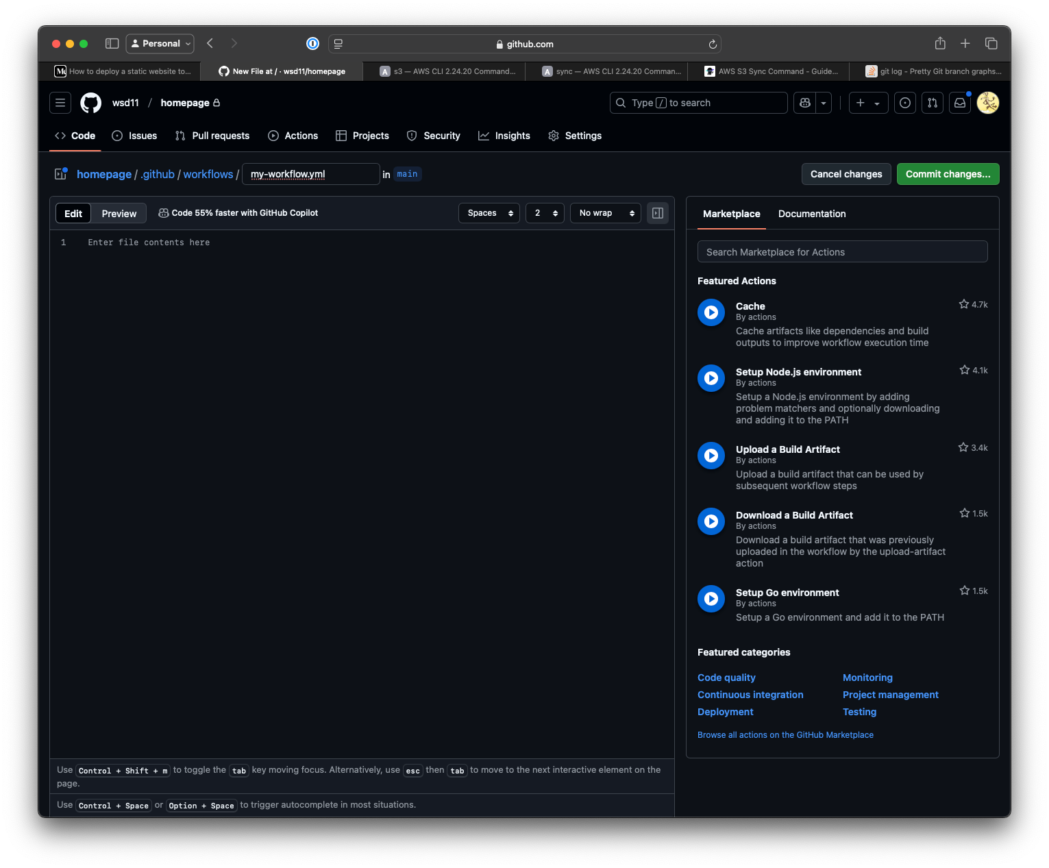 Screenshot of the GitHub New Workflow file page