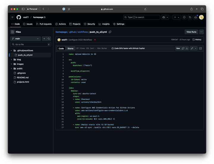 Screenshot of my GitHub action to publish a static site to S3