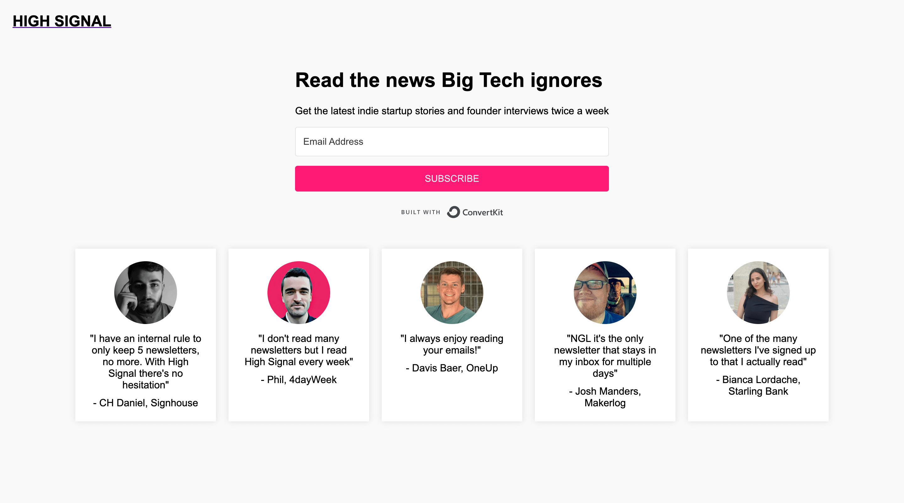 High Signal newsletter new homepage