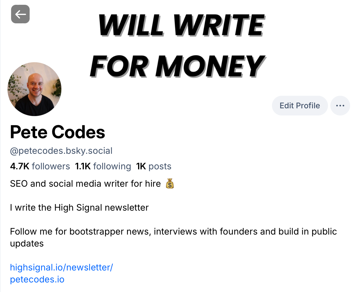 Pete Codes Bluesky bio with links