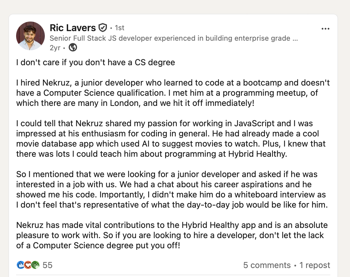 LinkedIn post about hiring people without CS degrees