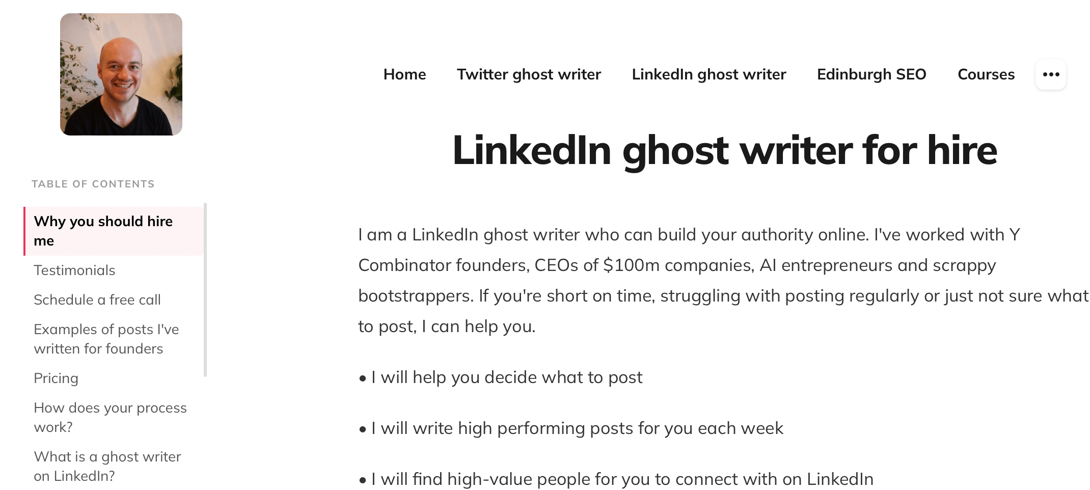 Website showing table of contents
