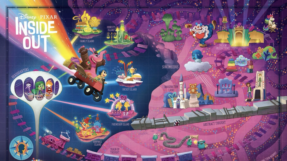 A stylized map of Riley's mind, including headquarters and the personality islands
