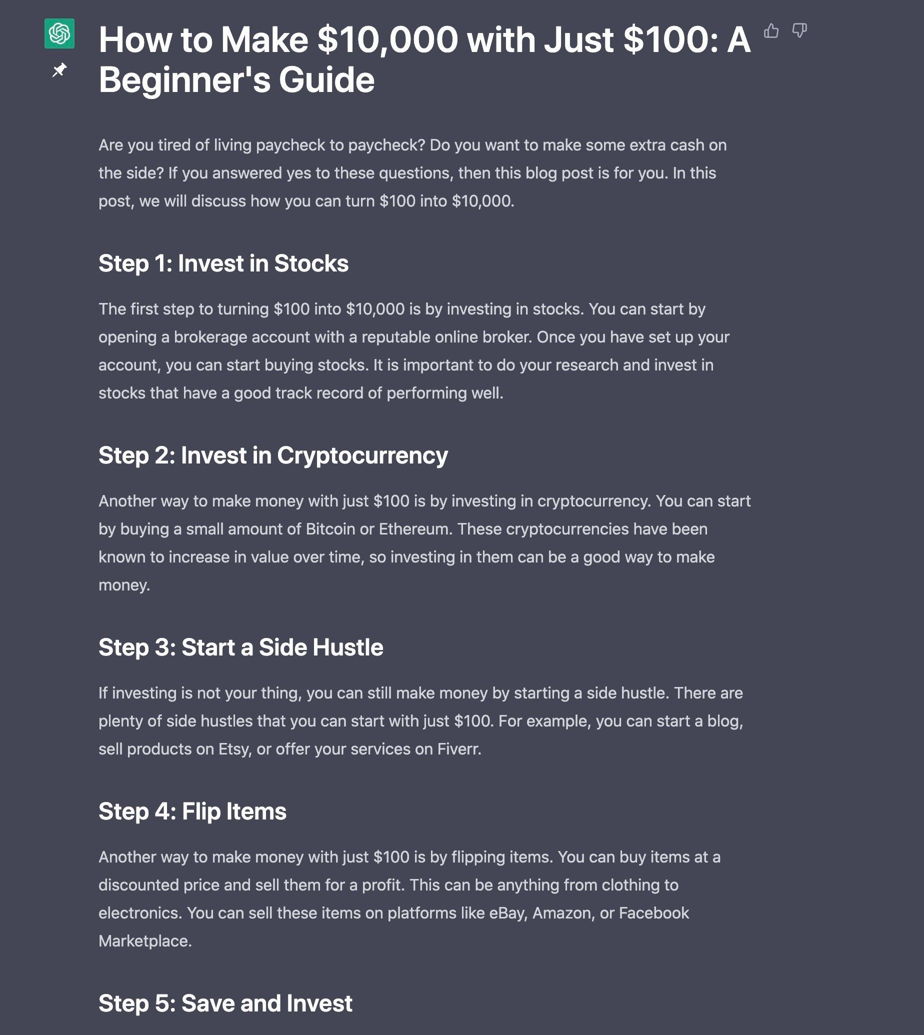 ChatGPT: How to Make $10,000 with Just $100: A Beginner's Guide Prompt