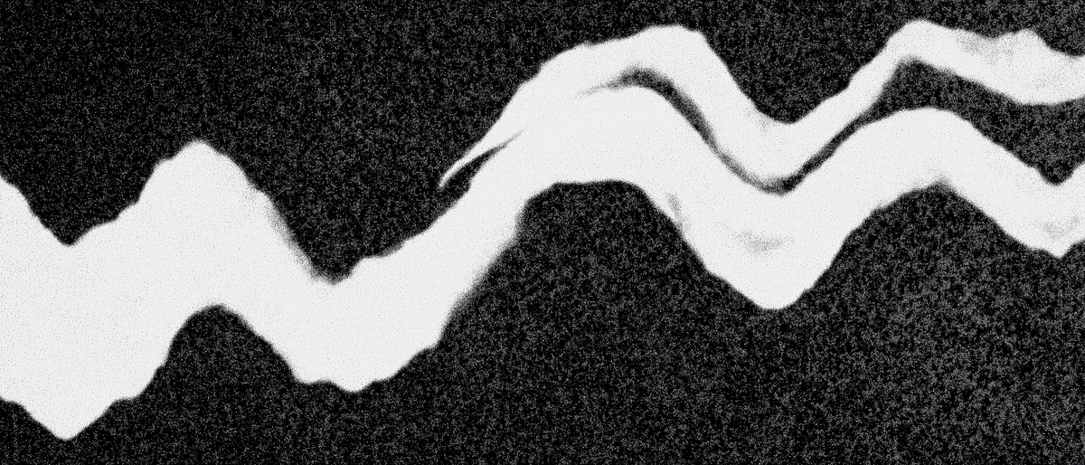 Grainy black and white photograph of a waving line of light