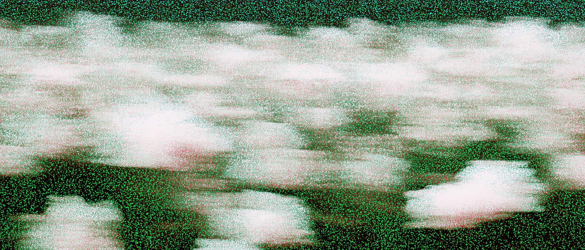 Motion-blurred white shapes drifting across a grainy dark green field