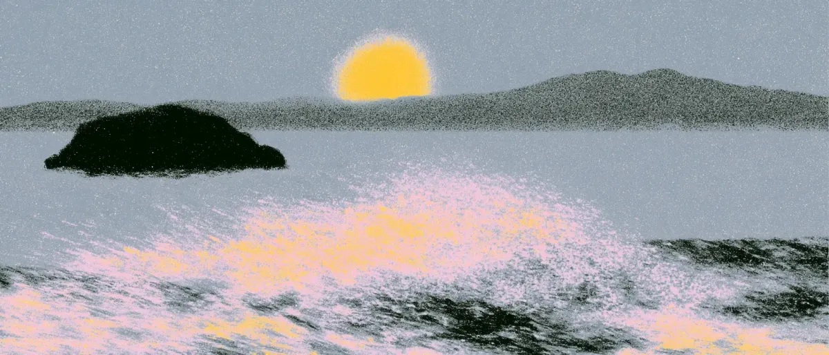 a grainy risograph-style print of the sun low over the sea, with a small rocky island and pink and yellow surf in the foreground
